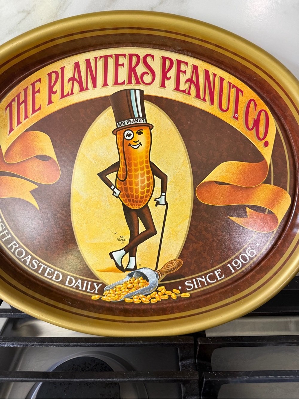 Vintage Collectable Planters Mr. Peanut Decorative Metal Tray - Brown & Gold